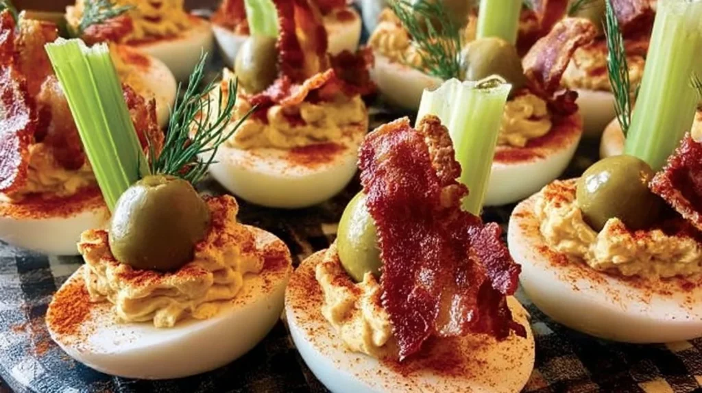 Delicious Bloody Mary Deviled Eggs garnished with spices and celery.