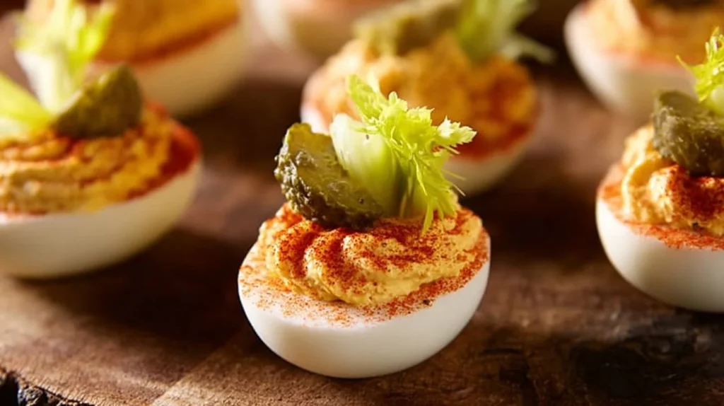 Plate of Bloody Mary Deviled Eggs garnished with celery and spices