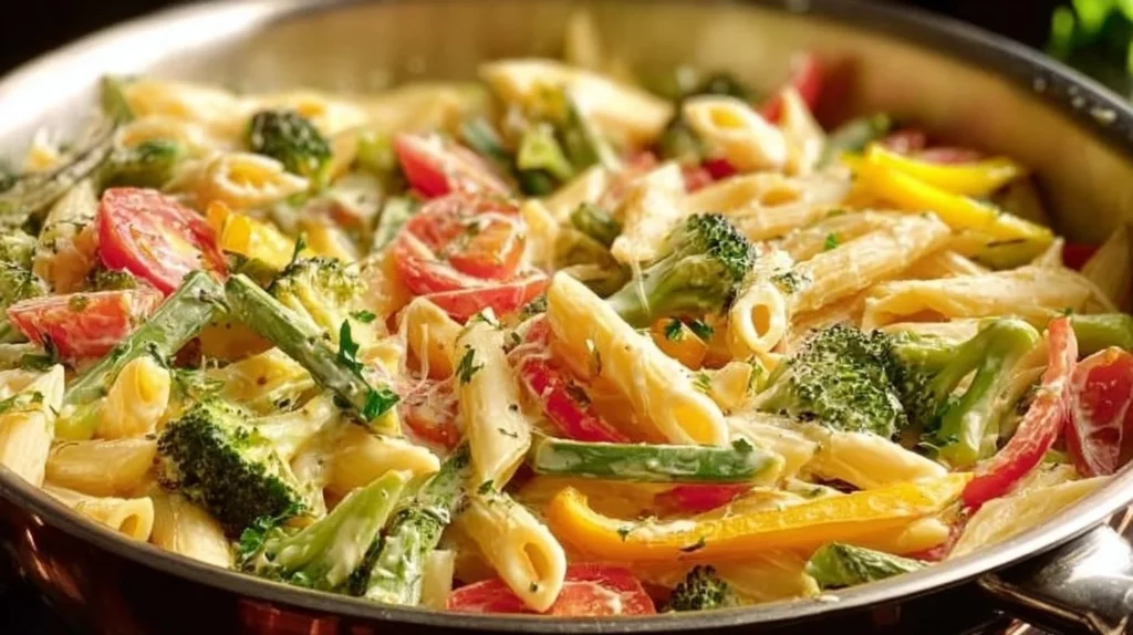 Bright lemon herb pasta primavera with fresh vegetables and herbs