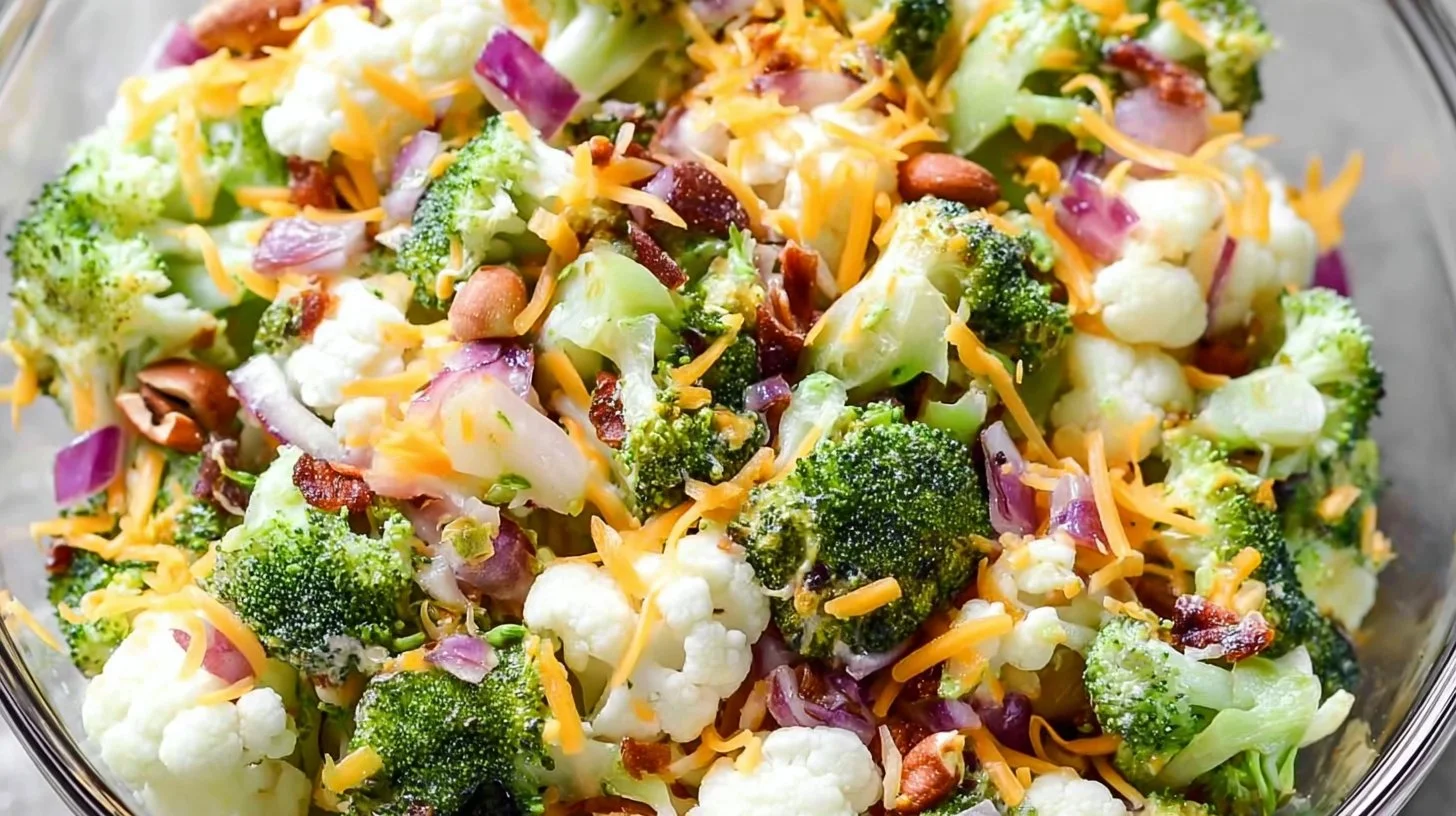 Delicious Broccoli and Cauliflower Salad served in a bowl with fresh vegetables