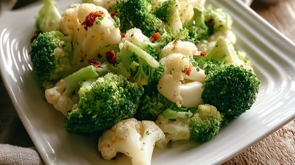 Broccoli and Cauliflower Salad with fresh vegetables and dressing