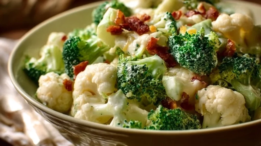 Fresh Broccoli Cauliflower Salad with colorful vegetables in a bowl