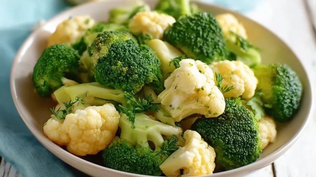 Fresh Broccoli Cauliflower Salad with dressing and colorful vegetables.