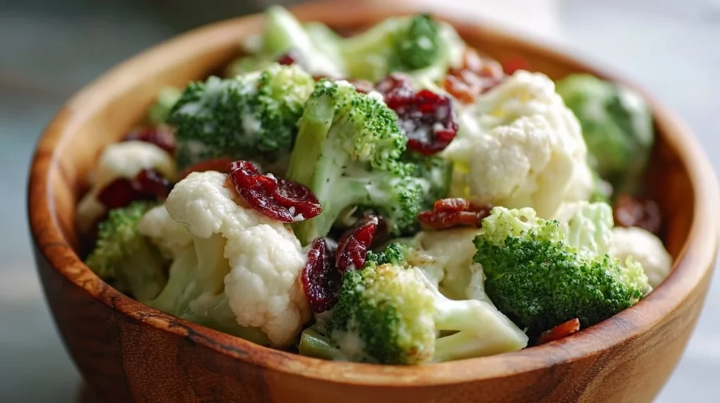 Fresh Broccoli Cauliflower Salad with colorful veggies and dressing