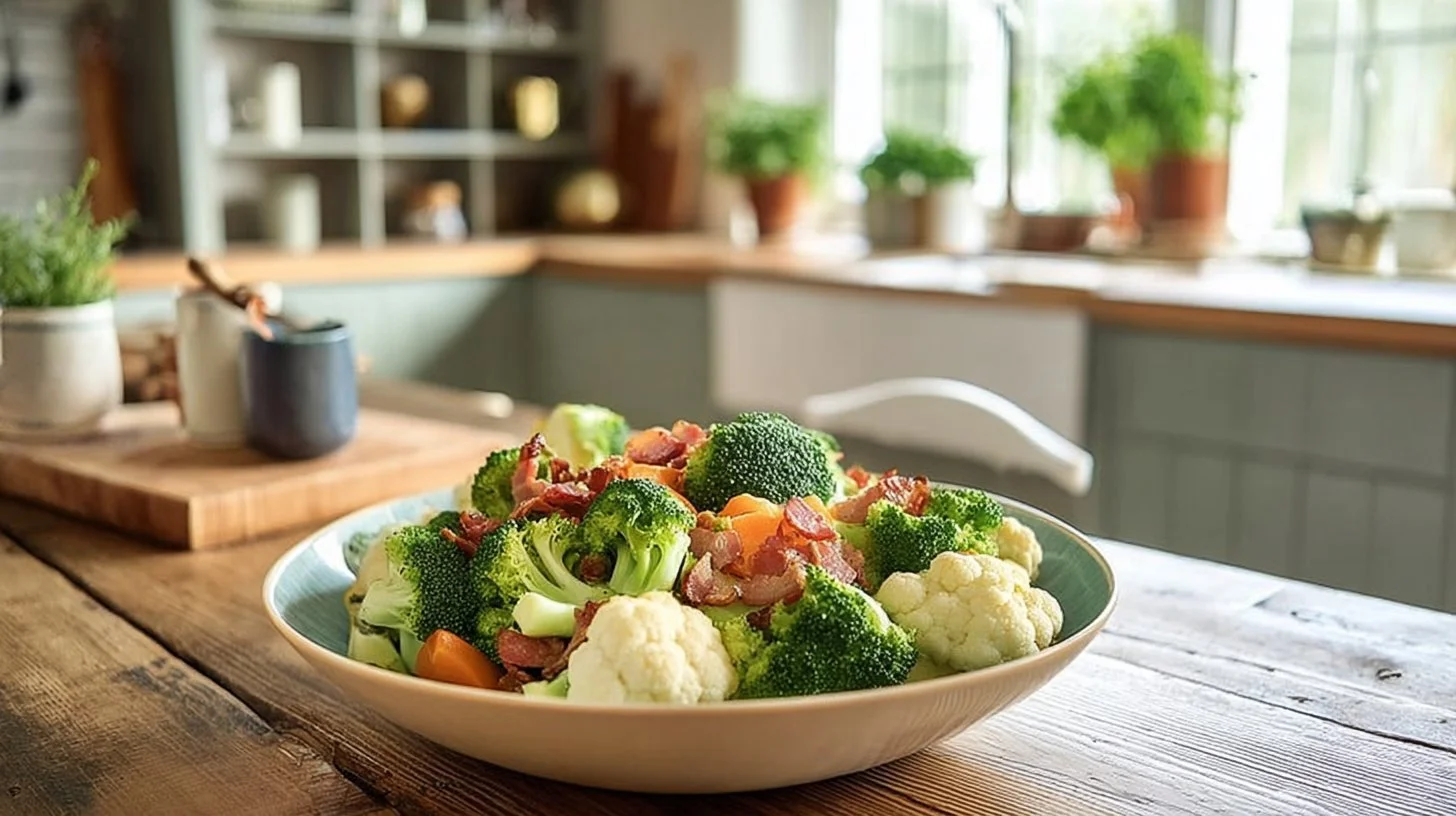 Delicious and colorful Broccoli Cauliflower Salad with fresh vegetables