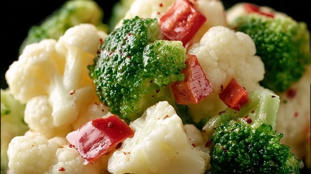 Colorful broccoli cauliflower salad with vegetables and dressing in a bowl