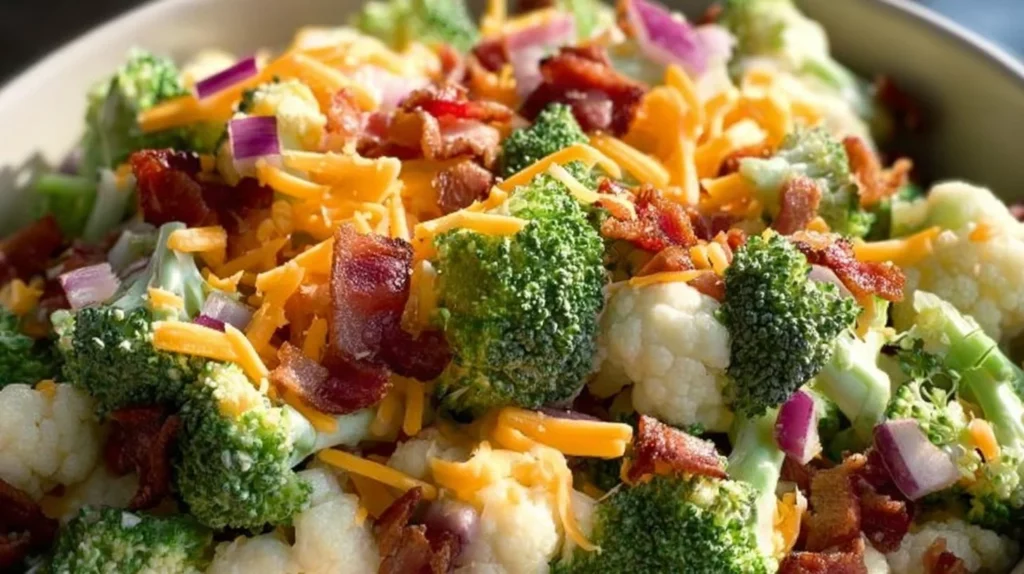 Colorful Broccoli Cauliflower Salad with fresh vegetables and dressing