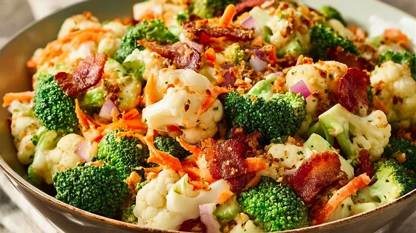 Delicious Broccoli Cauliflower Salad with fresh vegetables and dressing