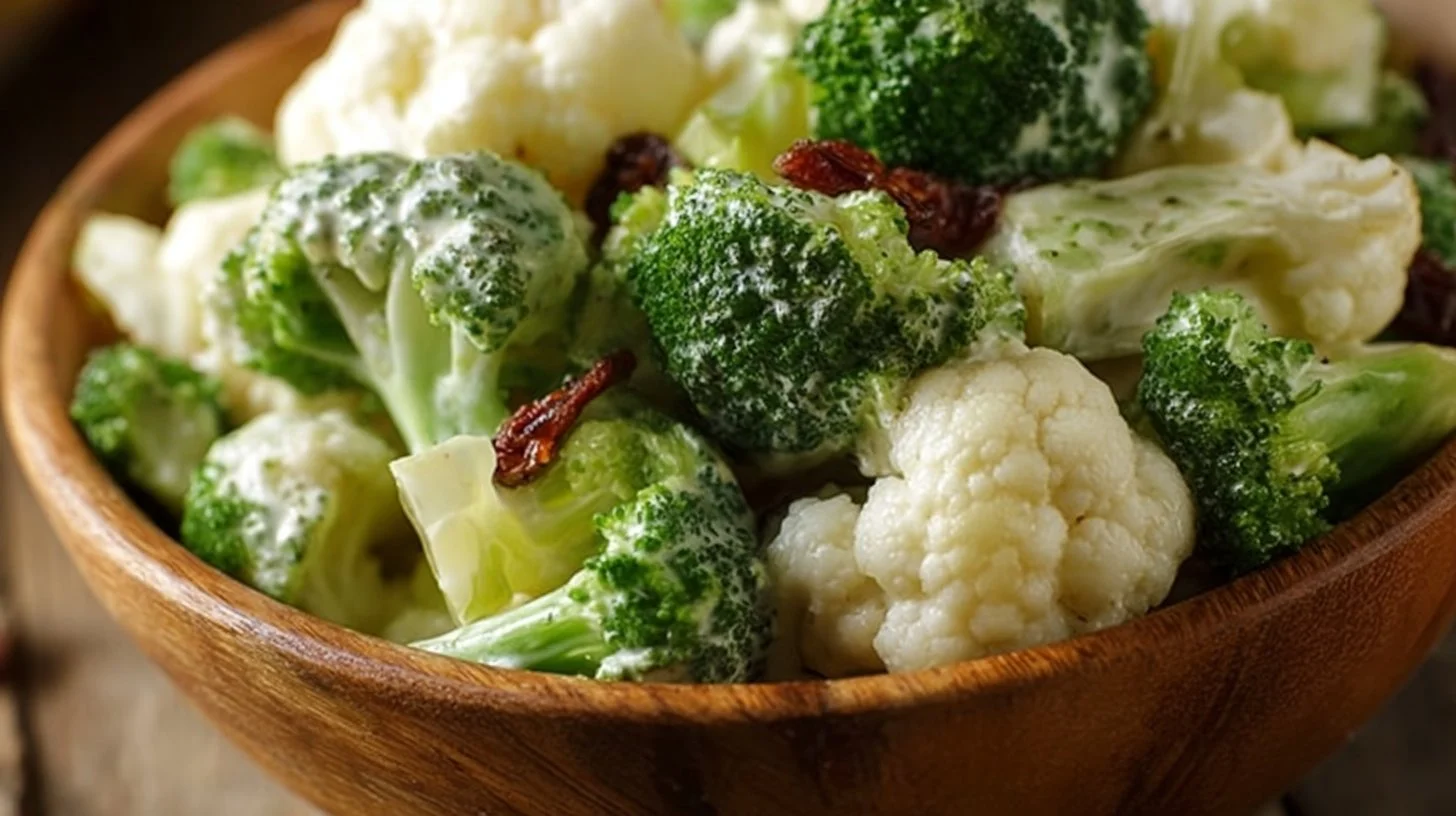 Colorful Broccoli Cauliflower Salad with fresh vegetables and dressing