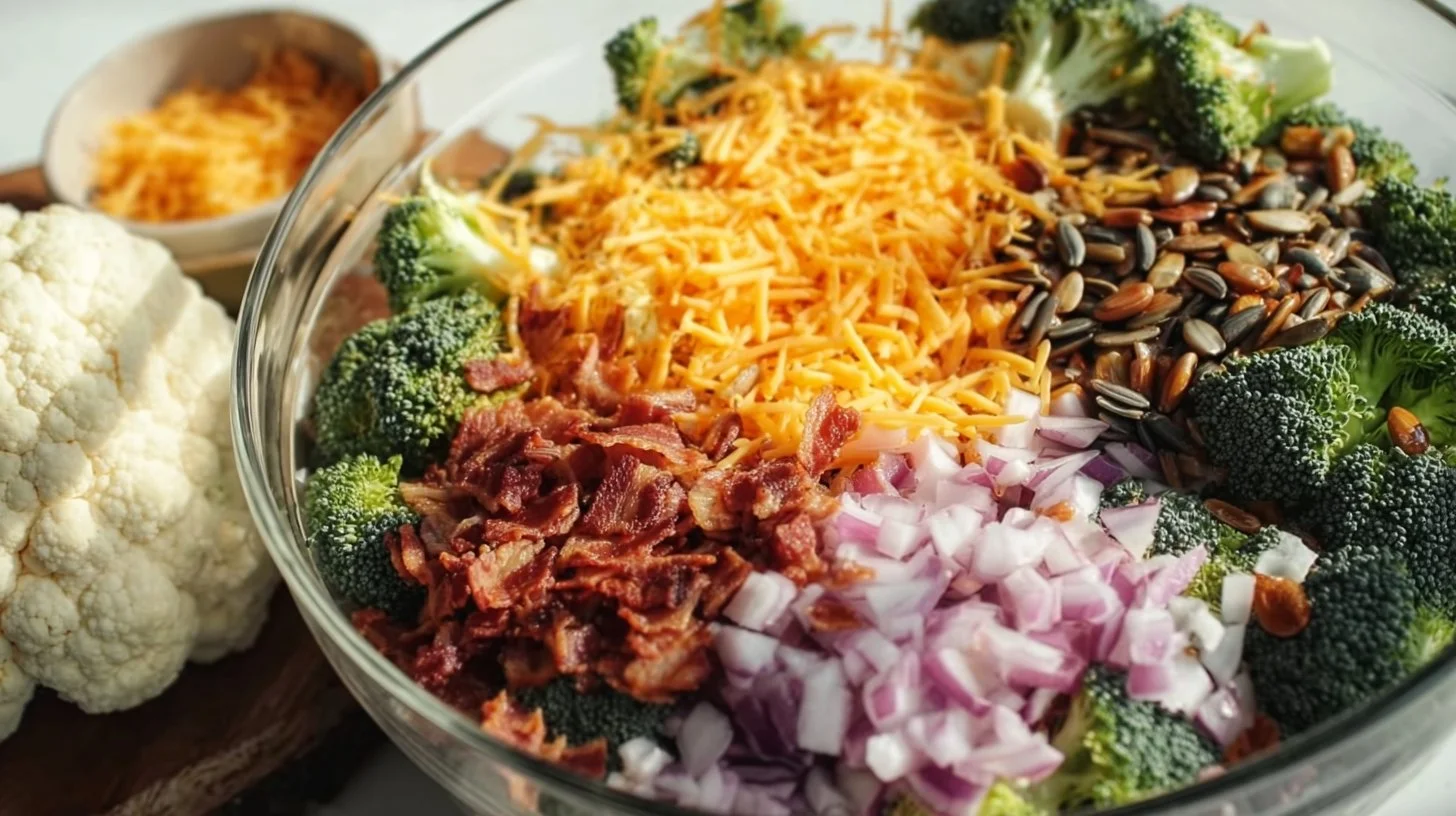 Broccoli Cauliflower Salad with Raisins in a colorful bowl