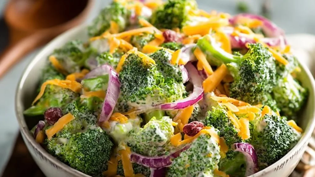 Bowl of fresh broccoli cheddar salad with colorful veggies and dressing