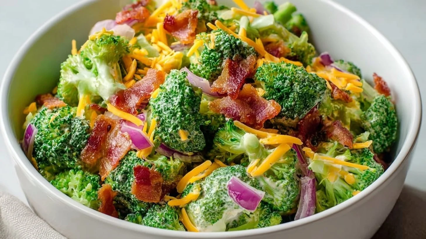 Fresh broccoli salad with nuts and dressing