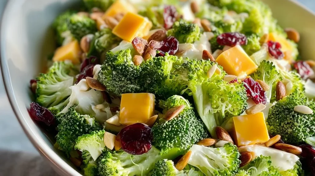 Fresh broccoli salad with colorful vegetables and dressing