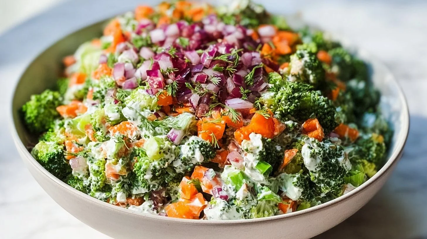 Fresh broccoli salad with colorful vegetables and dressing