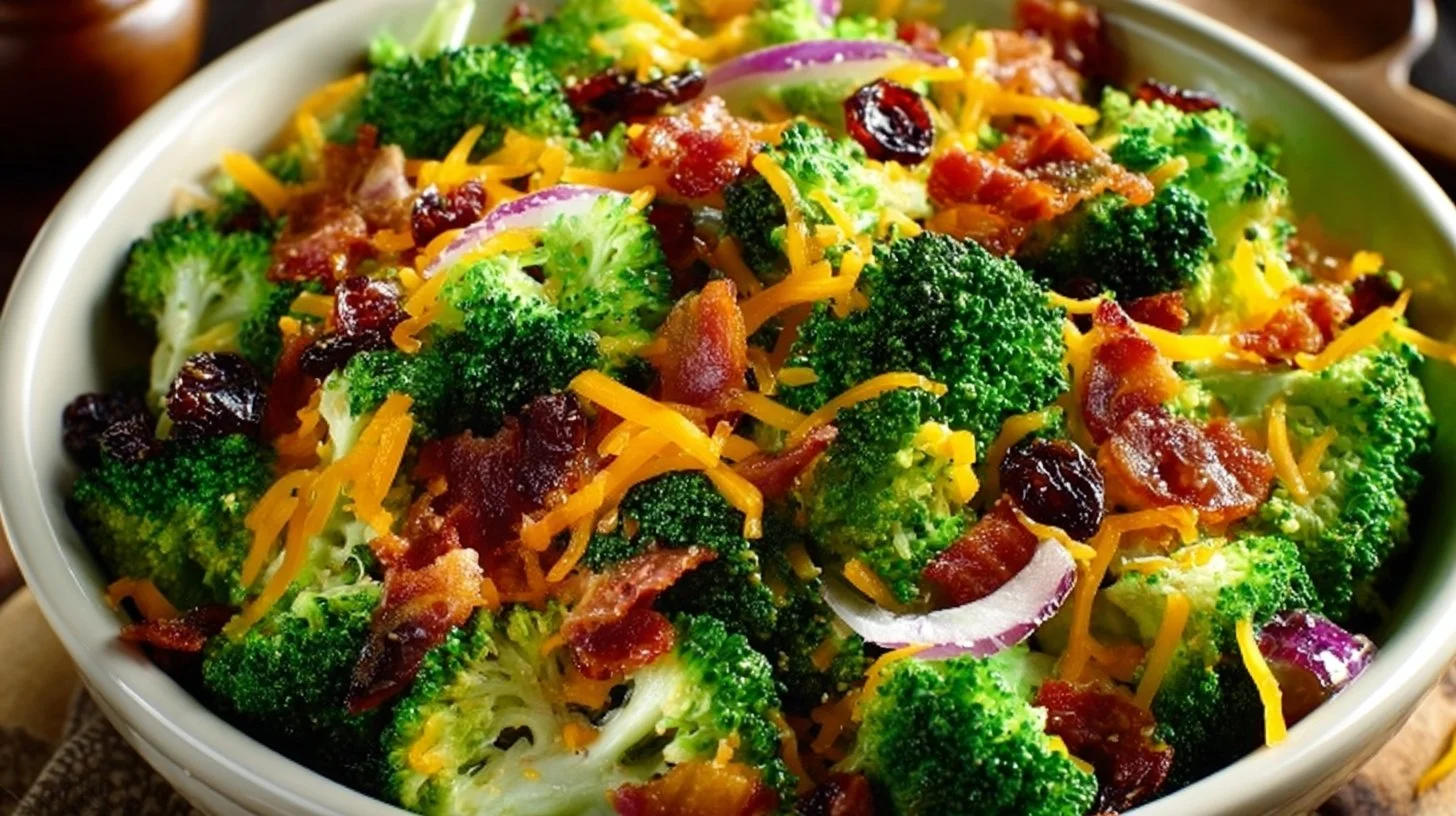 Delicious broccoli salad made with fresh ingredients and a tangy dressing