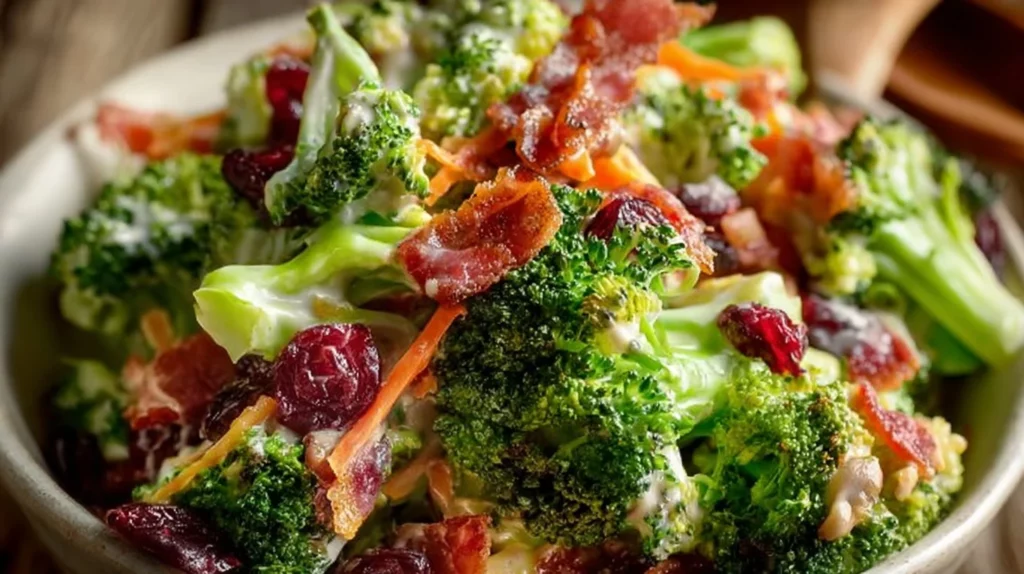 Broccoli salad with bacon on a plate garnished with nuts and dressing