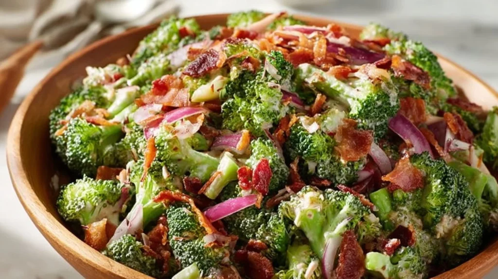 Bowl of Broccoli Salad with Bacon, topped with cheese and dressing