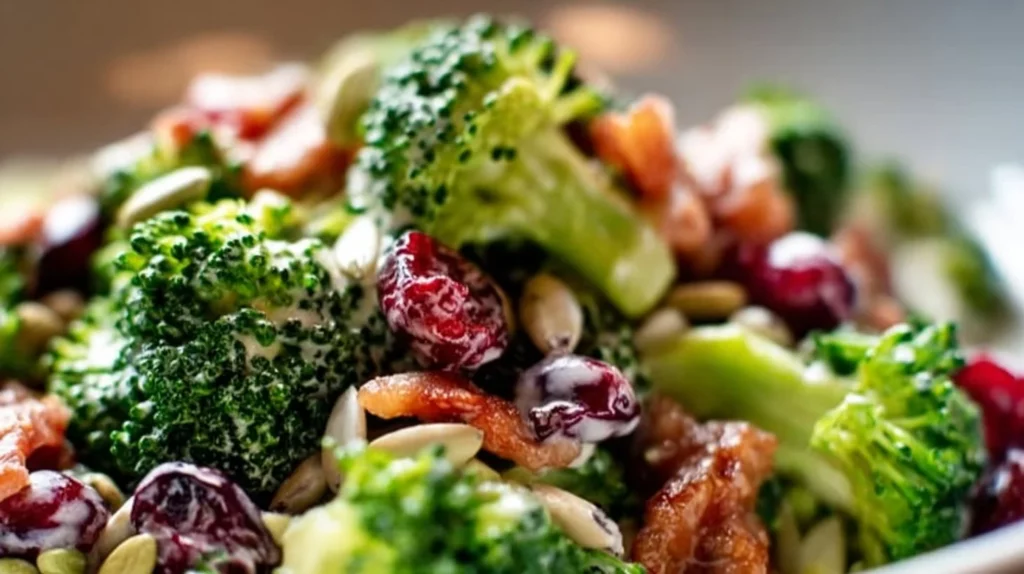 Broccoli salad topped with bacon and cranberries in a bowl