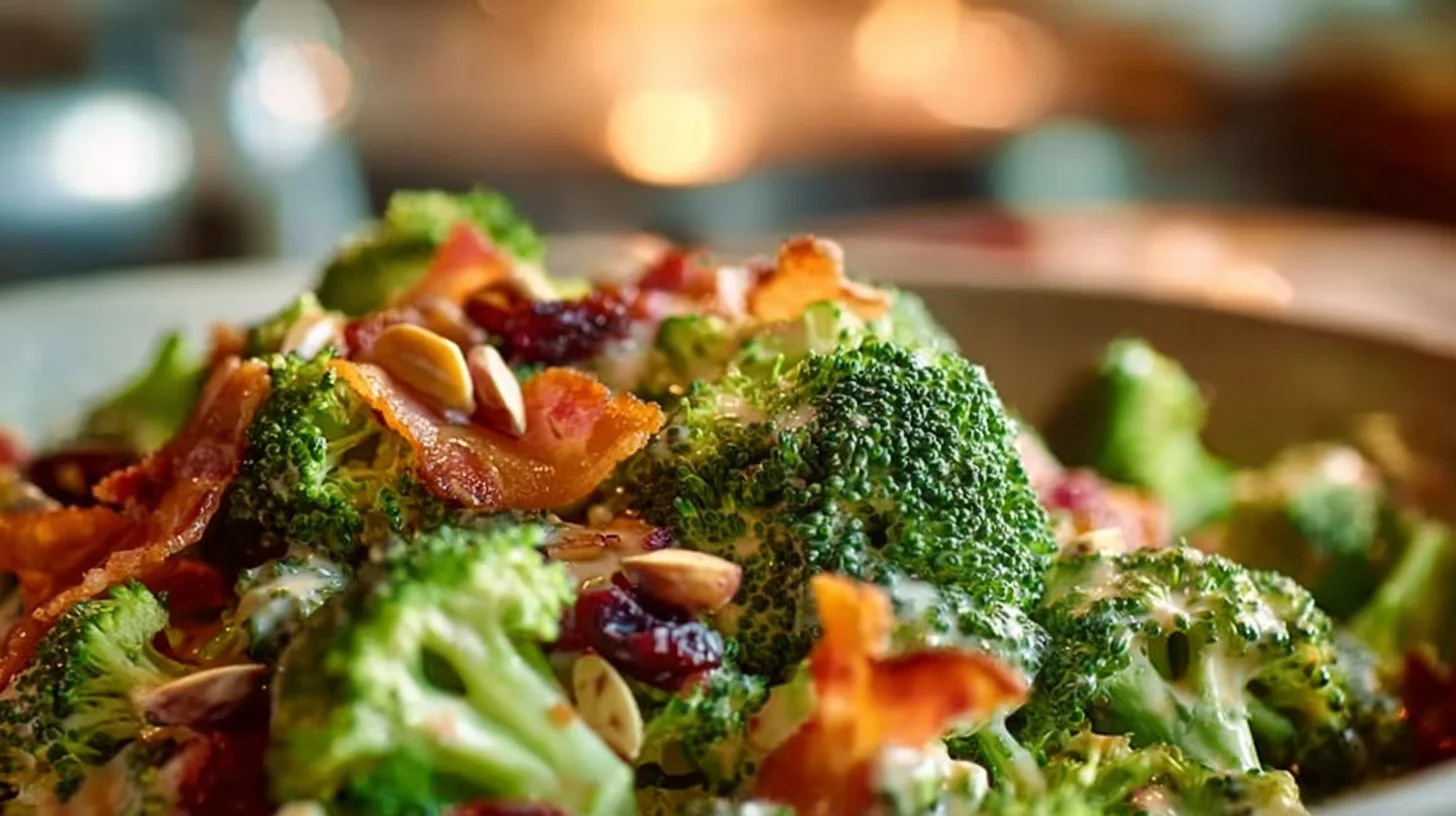 Healthy Broccoli Salad with Bacon recipe served in a bowl