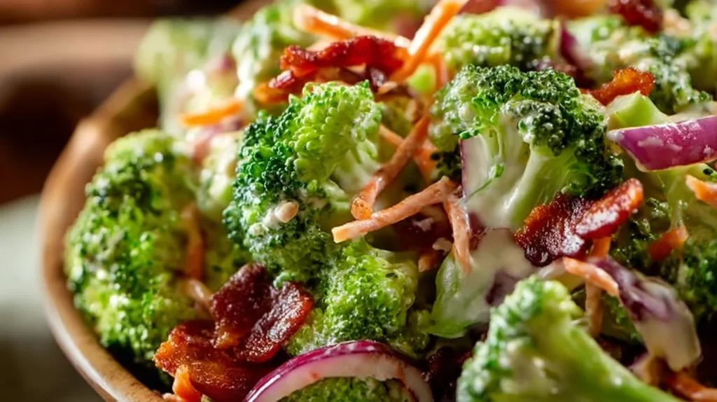 Broccoli salad with bacon in a bowl, showcasing fresh ingredients and textures.