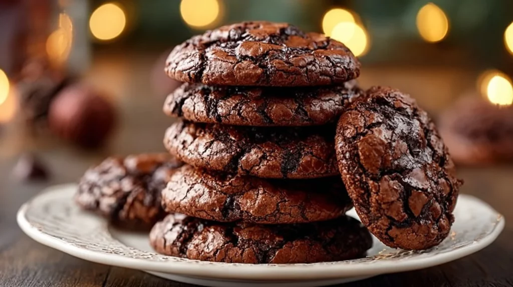 Delicious brownie cookies stacked on a plate with chocolate drizzle.