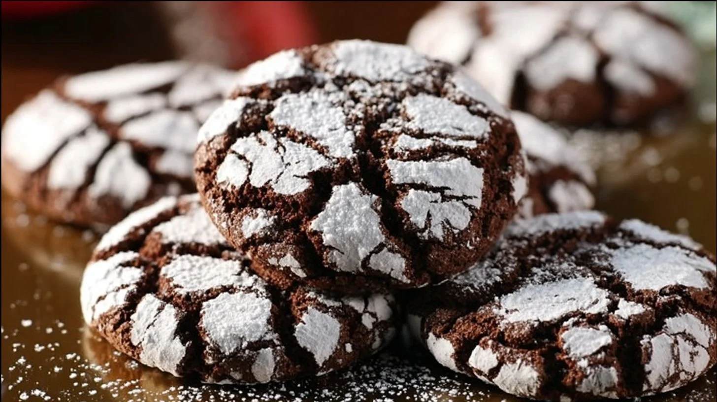 Delicious brownie mix chocolate crinkle cookies with powdered sugar on top