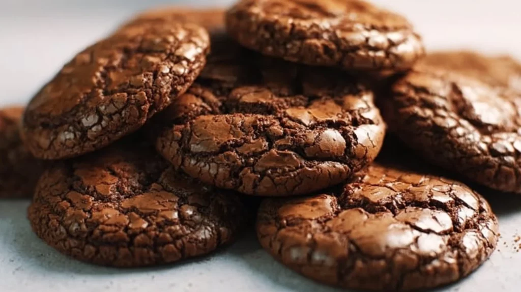 Delicious Brownie Mix Cookies topped with chocolate chips on a wooden table.