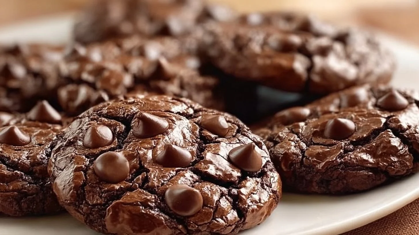 Brownie Mix Cookies 2 Delicious Brownie Mix Cookies on a plate with chocolate drizzle.
