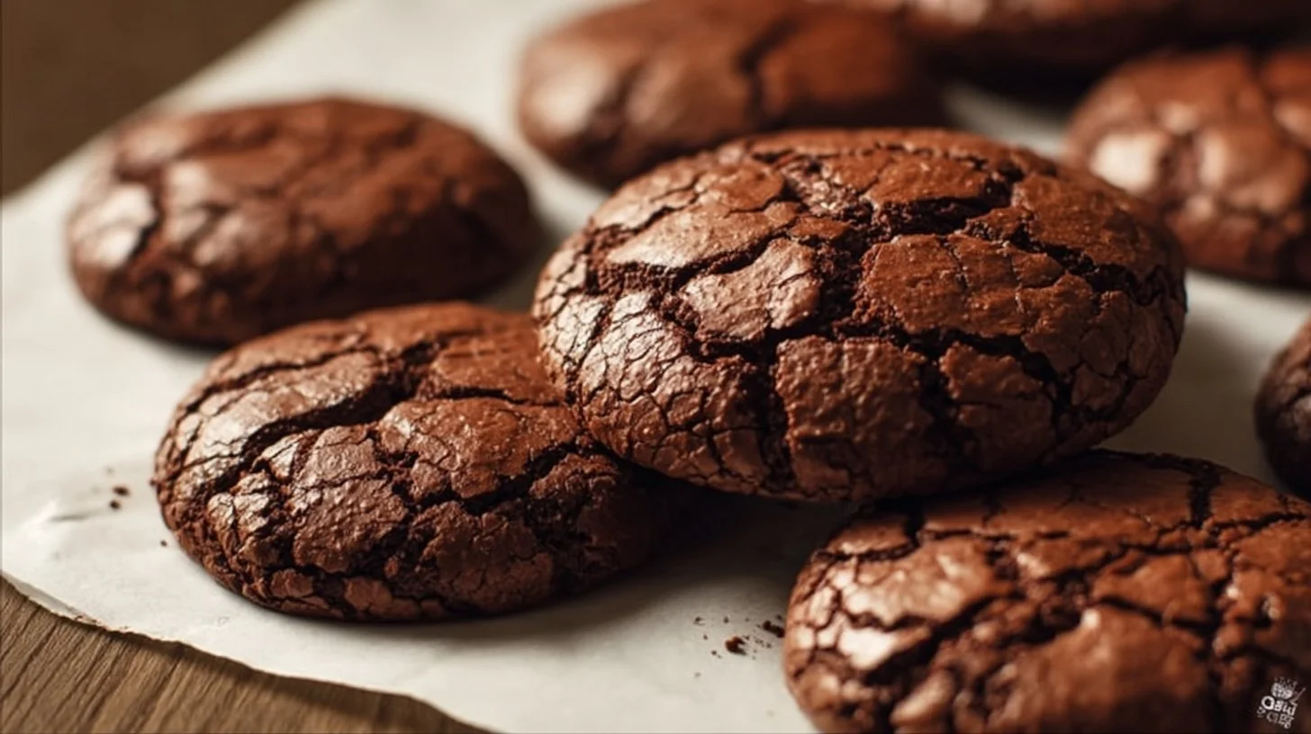Brownie mix cookies baked and served on a plate, topped with chocolate chips.