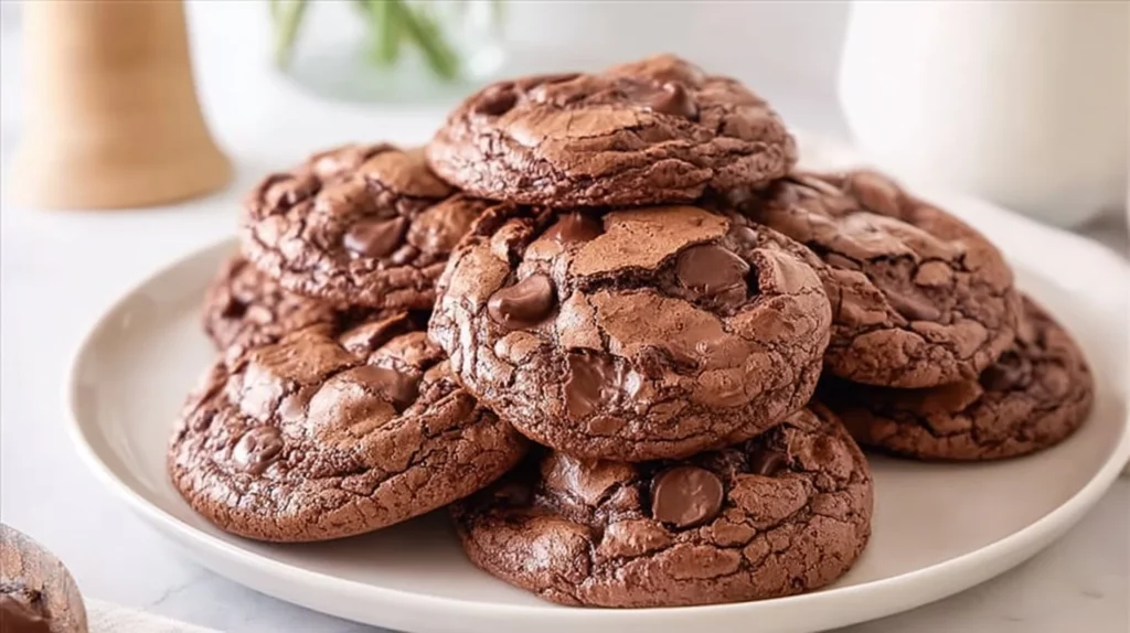 Delicious brownie mix cookies on a plate with chocolate chips