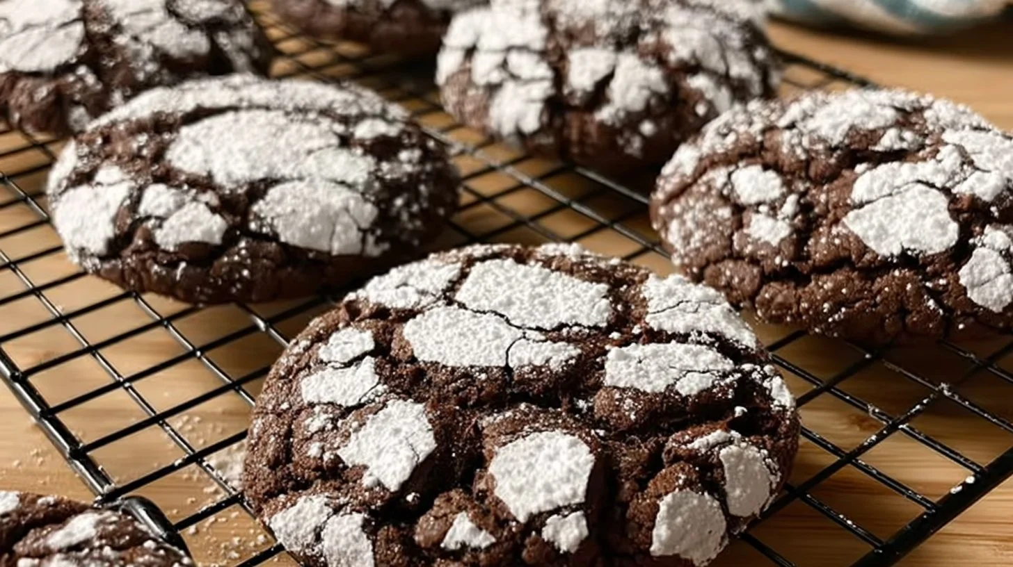 Brownie Mix Crinkle Cookies 2 Delicious Brownie Mix Crinkle Cookies on a rustic wooden table