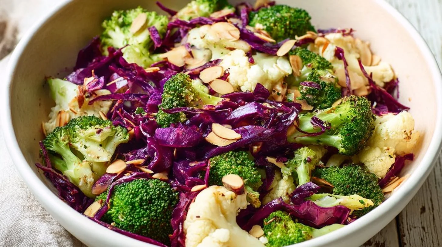 Cauliflower and Broccoli Salad drizzled with honey-soy dressing