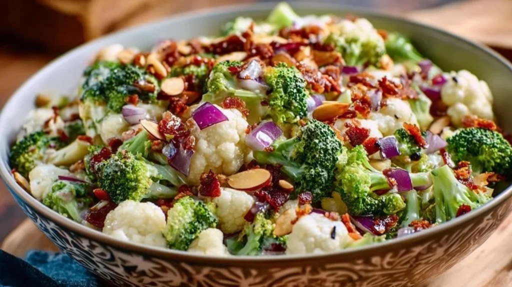 A vibrant Cauliflower Broccoli Salad featuring fresh veggies and dressing.
