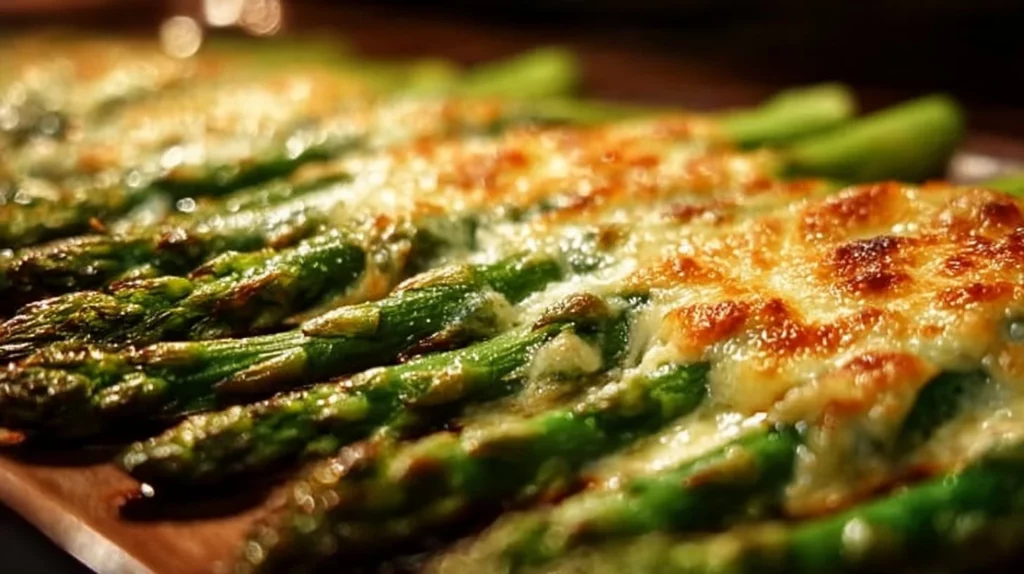 Cheesy baked asparagus dish garnished with cheese and herbs