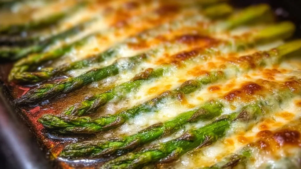 Cheesy garlic roasted asparagus drizzled with olive oil and sprinkled with cheese