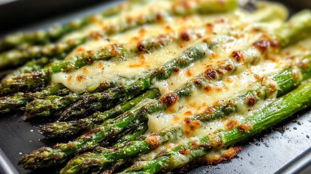 Cheesy garlic roasted asparagus on a sheet pan, a delicious vegetable side dish