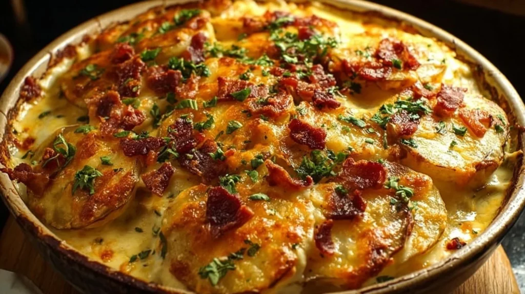 Delicious cheesy loaded scalloped potatoes dish ready to serve.