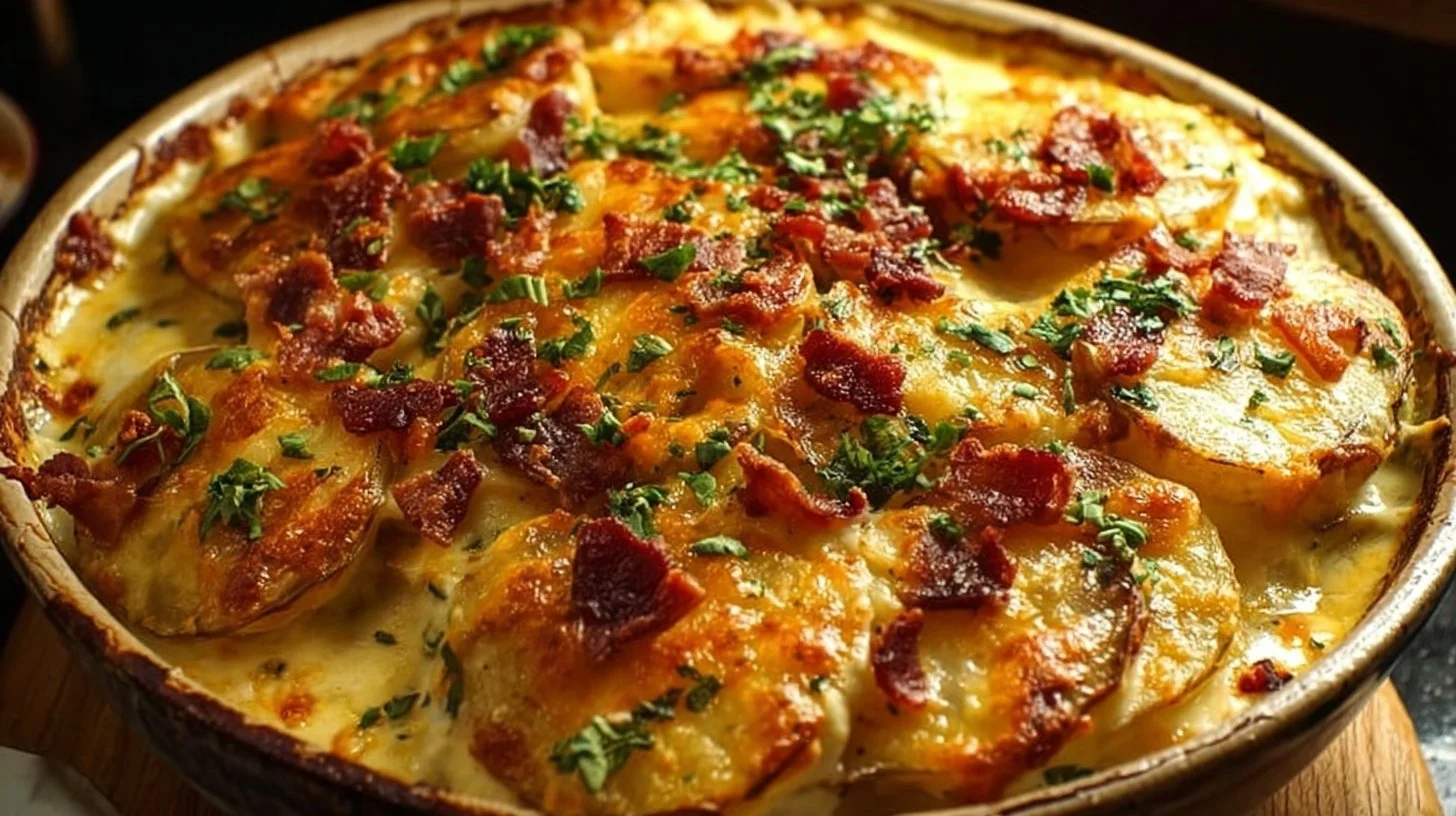 Delicious cheesy loaded scalloped potatoes dish ready to serve.