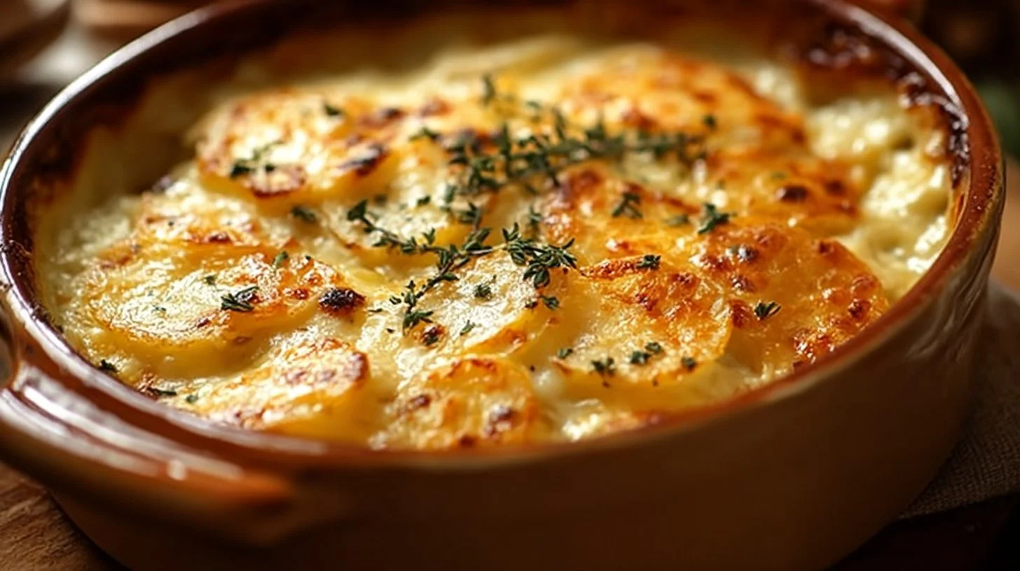 Serving of cheesy scalloped potatoes with melted cheese and crispy edges
