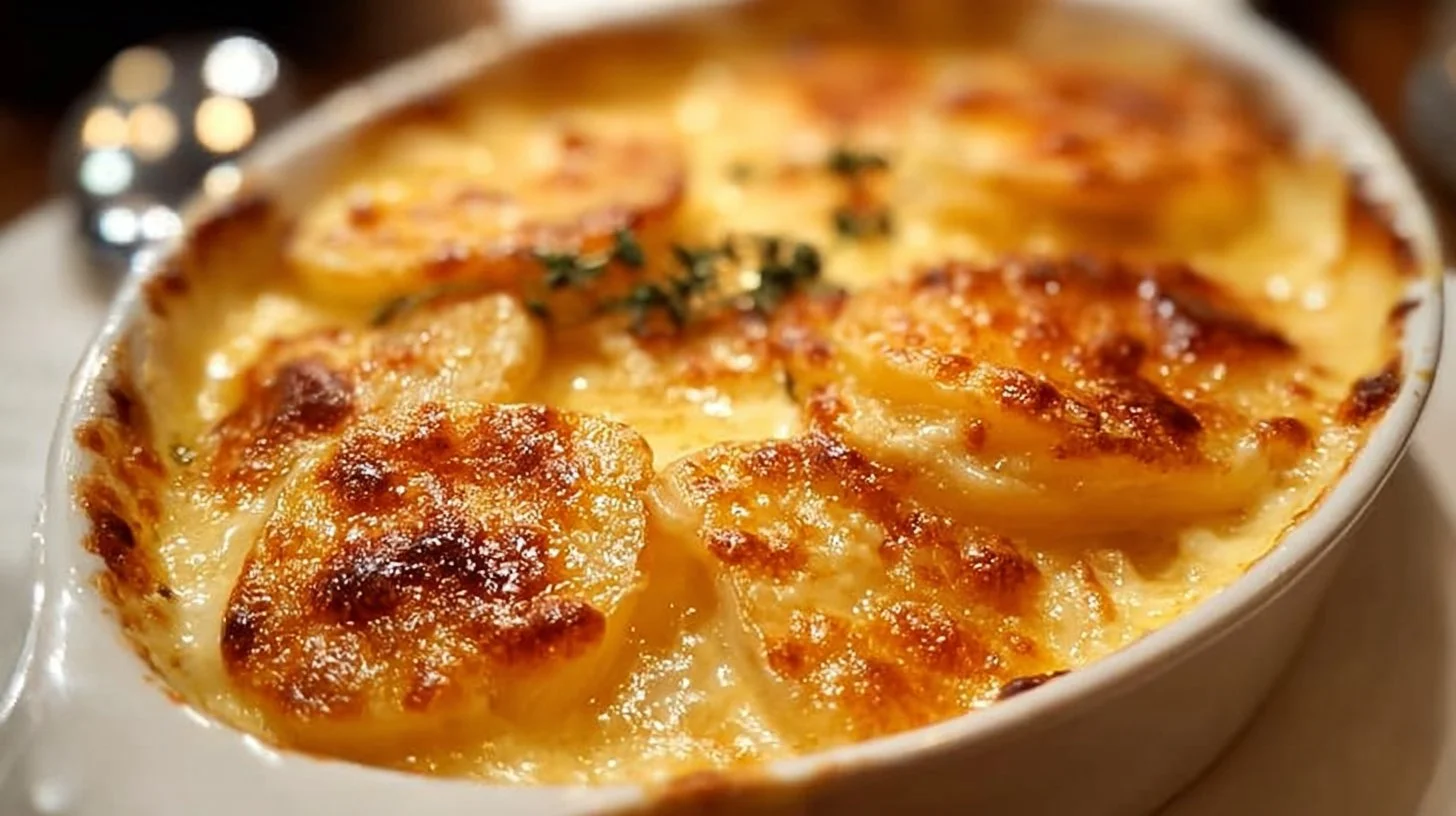 Cheesy scalloped potatoes served in a baking dish with a golden crust.