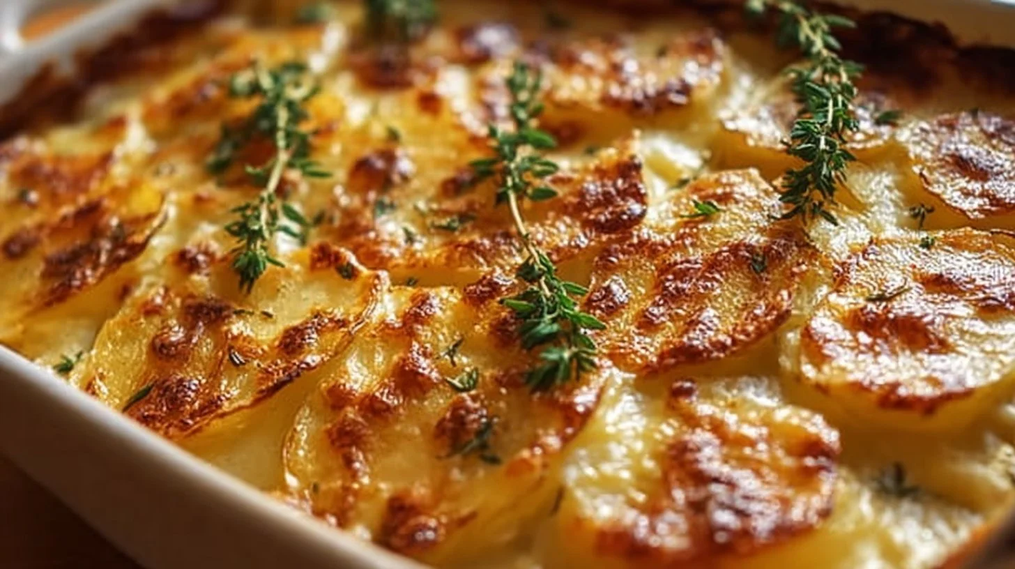 Baked cheesy scalloped potatoes with melted cheese and golden brown top