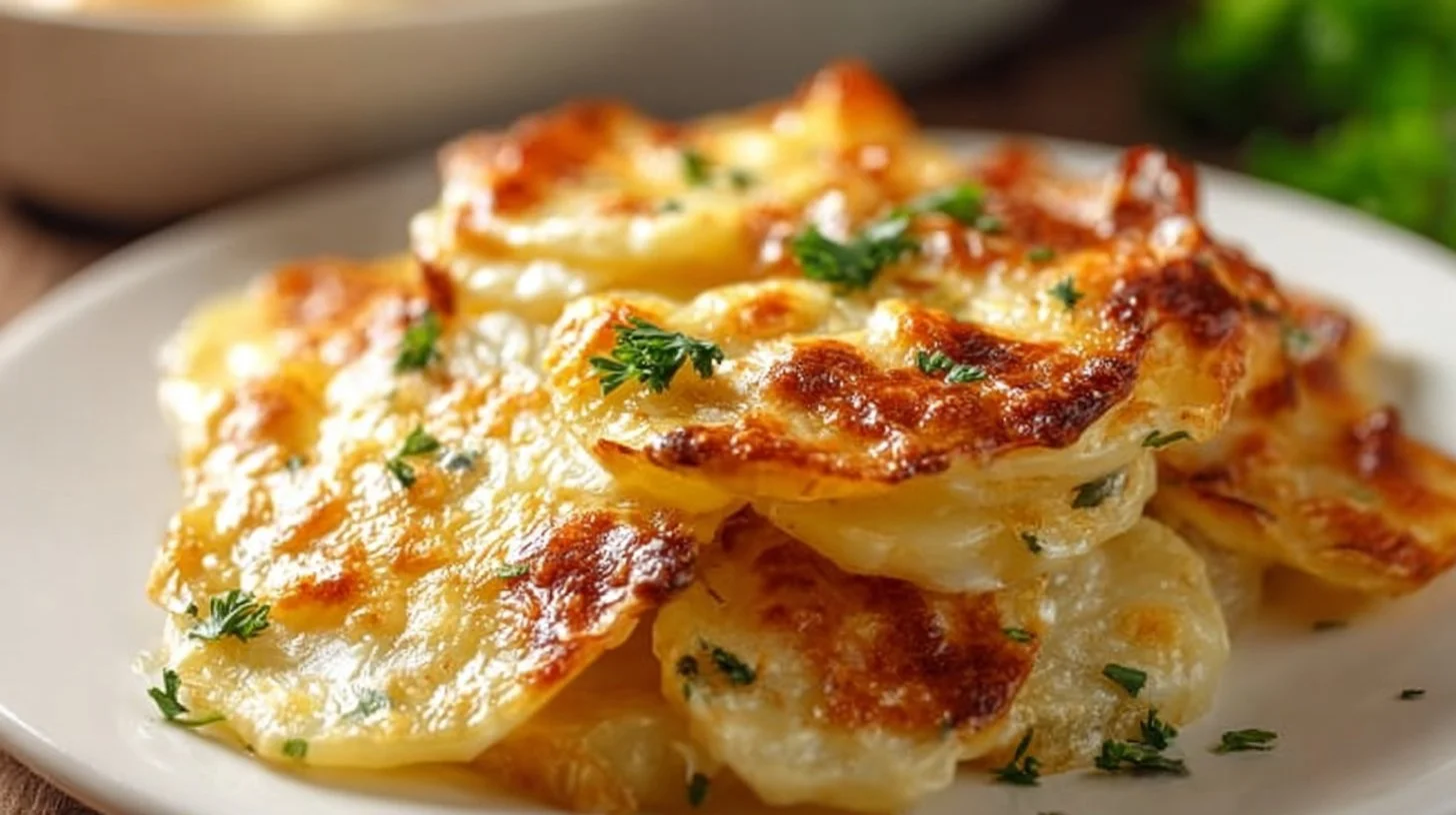 Deliciously cheesy scalloped potatoes baked to perfection.