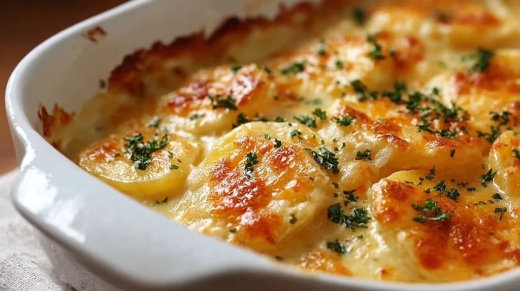 Deliciously cheesy scalloped potatoes baked to perfection