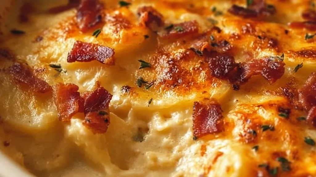 Cheesy scalloped potatoes topped with crispy bacon in a baking dish