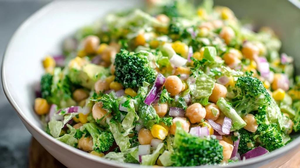 Chopped cauliflower broccoli salad with creamy avocado dressing in a bowl