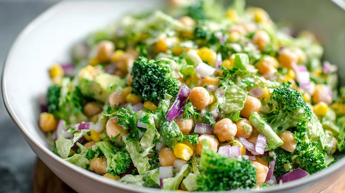 Chopped cauliflower broccoli salad with creamy avocado dressing in a bowl