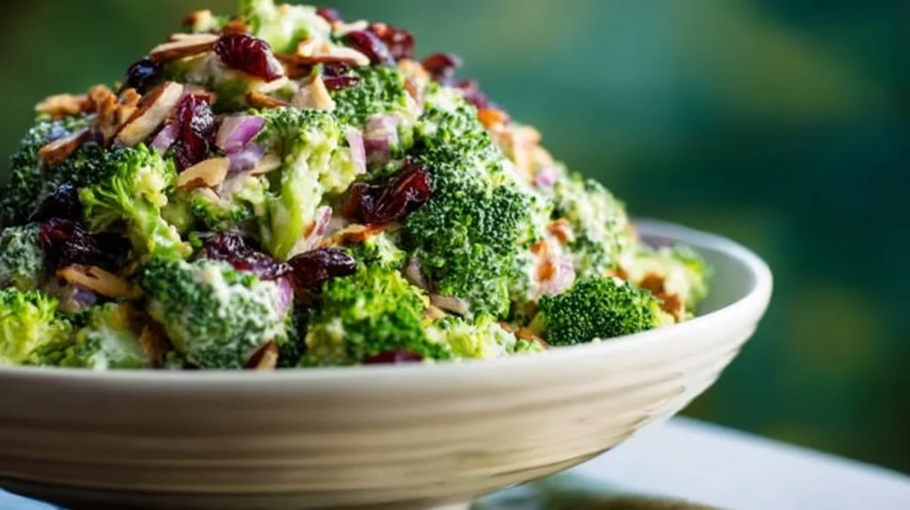 Classic creamy broccoli salad with dressing and toppings in a bowl