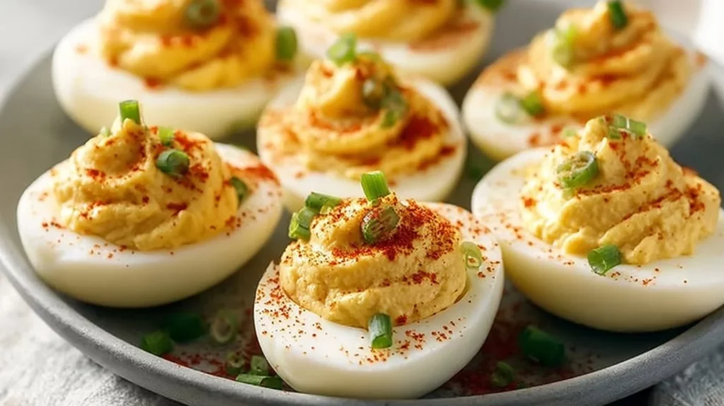 A plate of classic deviled eggs garnished with paprika and herbs