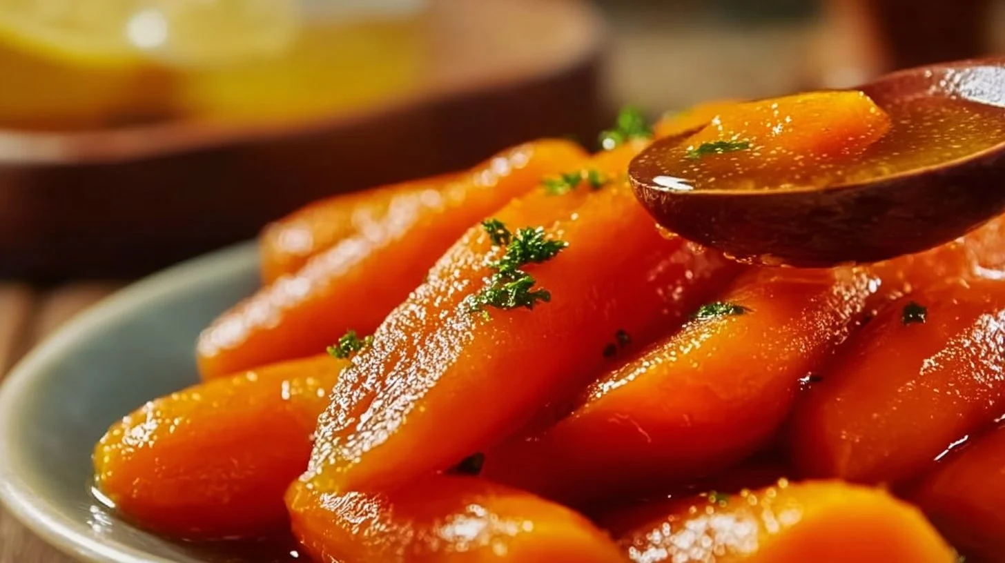 Bowl of classic honey glazed carrots drizzled with sauce