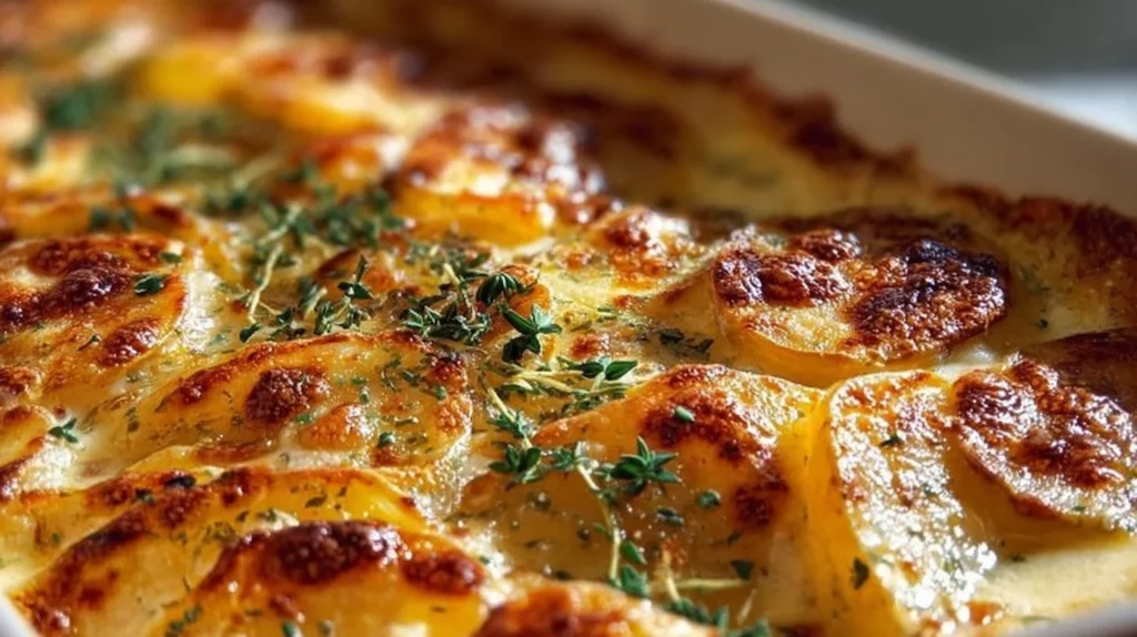 Delicious serving of classic scalloped potatoes with cheese and creamy sauce